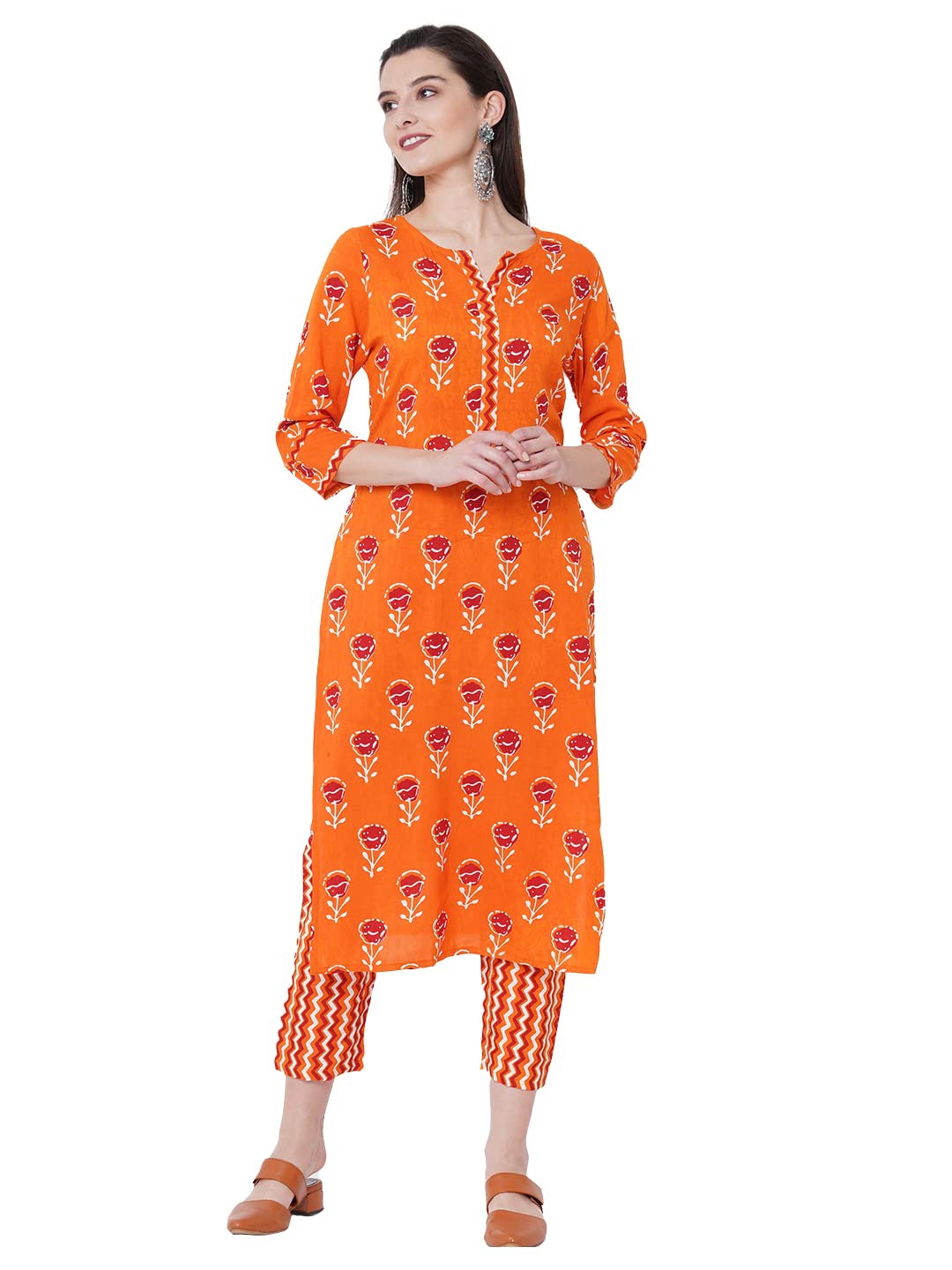 Gosriki Women'S Pure Cotton Flower Print Kurta With Palazzo (Orange Flower_M-Orange_Medium),Orange,,B098NZF15G