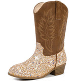 LAURMOSA Girls Gold Cowboy Boots Mid Calf Youth Cowgirl Boots Zipper Pointed Toe Embroidered Girls Western Horse Riding Equestri