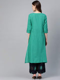 Idalia Navy Blue & Rama Green Ethnic Kurta Set For Women 3/4 Sleeve, Round Neck Cotton A-Line Solid Kurta With Palazzo Pant Set Rama Green & Navy Blue M