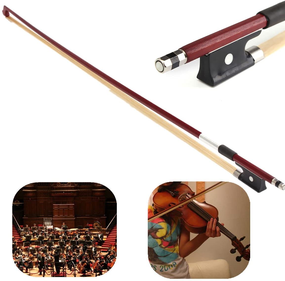 AMZZ Professional 12 Brazilwood Ebony Frog Violin Arbor White Horsehair Violin Bow (12 Brazilwood)