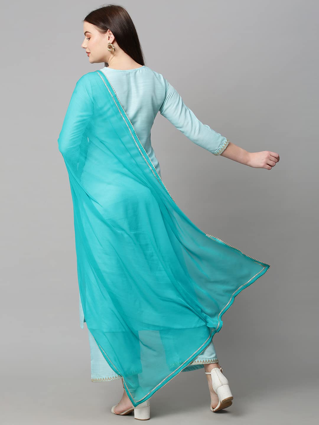 Anni Designer Women'S Cotton Blend Solid Straight Kurta With Palazzos & With Dupatta (Dakum Sky Blue_Xxl_Sky Blue_Xx-Large),Sky Blue,2XL,Cotton Blend,Regular,Dupatta