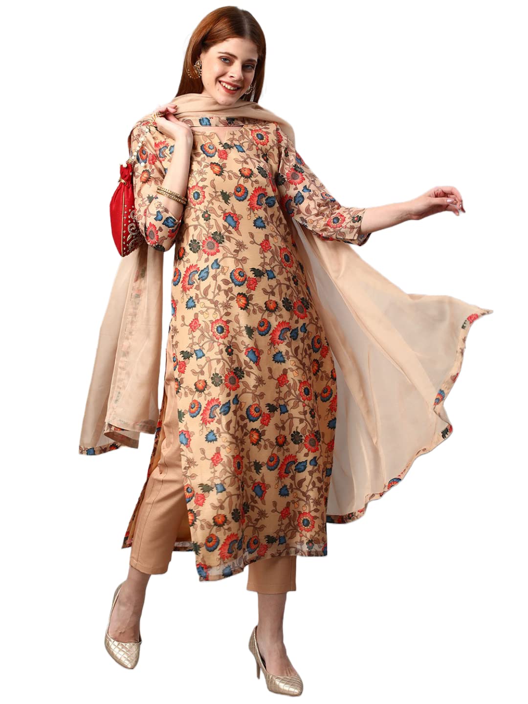 Gosriki Women'S Rayon Floral Printed Straight Kurta With Pants & Dupatta (Madhubani-Beige-Gs_L_Beige_Large),Beige,,B0BPY2HBTZ