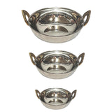 Dynore Stainless Steel Set of 3 Pcs Mirror Finish Heavy Gauge Serving Kadai with Designer Brass Handle Set for Serving Purpose O