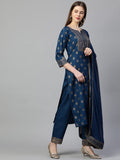 Anni Designer Women'S Cotton Straight Kurta With Pant & Dupatta (Kptd-Cot-10132-Blue_Xl_Blue_X-Large),Blue,XL,Cotton,Straight,