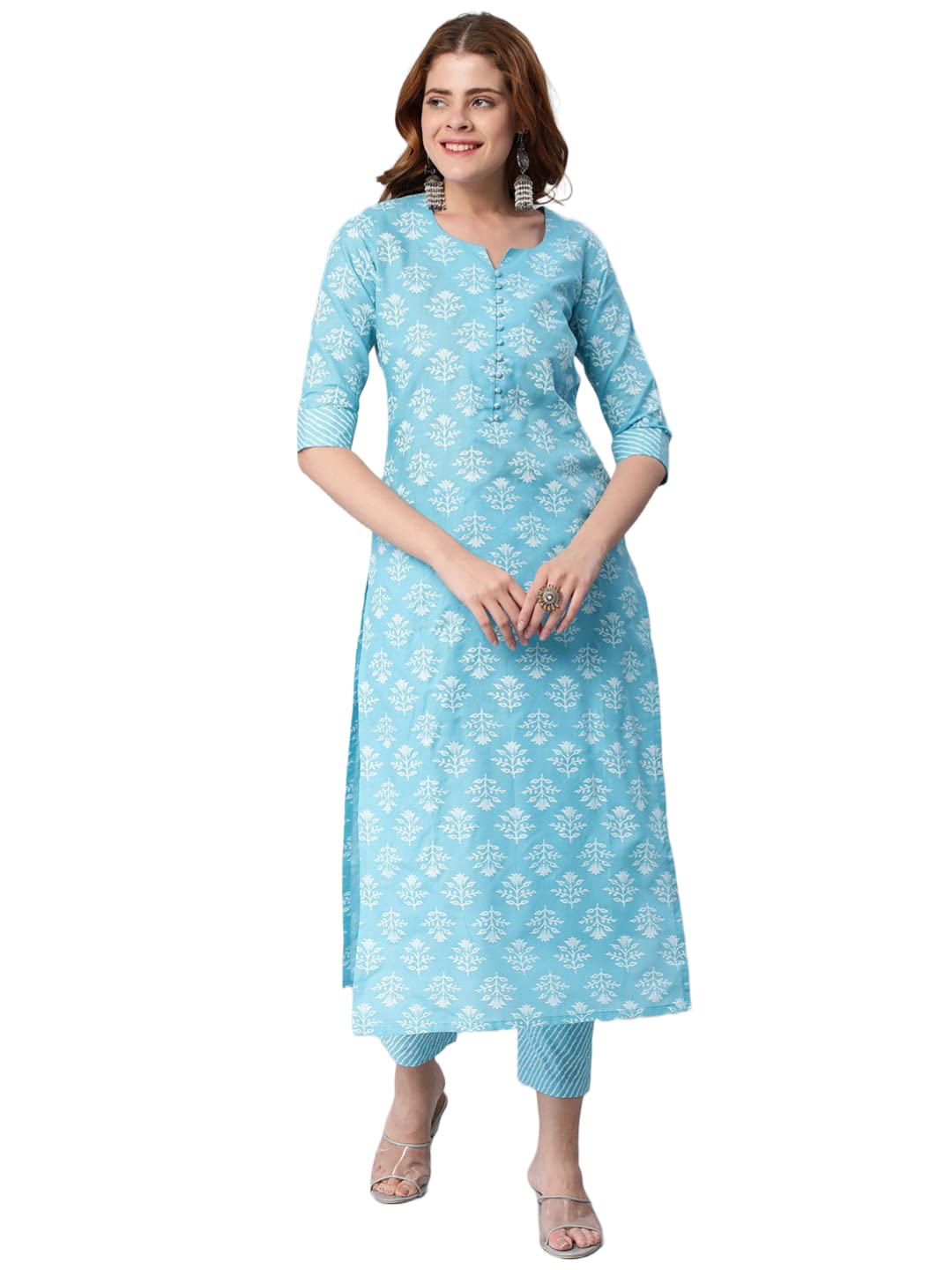 Anni Designer Women'S Cotton Blend Printed Straight Kurta With Pant (Kidya Blue_M_Blue_Medium),Blue,M
