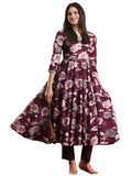 Anni Designer Women'S Rayon Blend Anarkali Printed Kurta With Pant (Damian Wine_3Xl_Wine_Xxx-Large),Wine,3XL