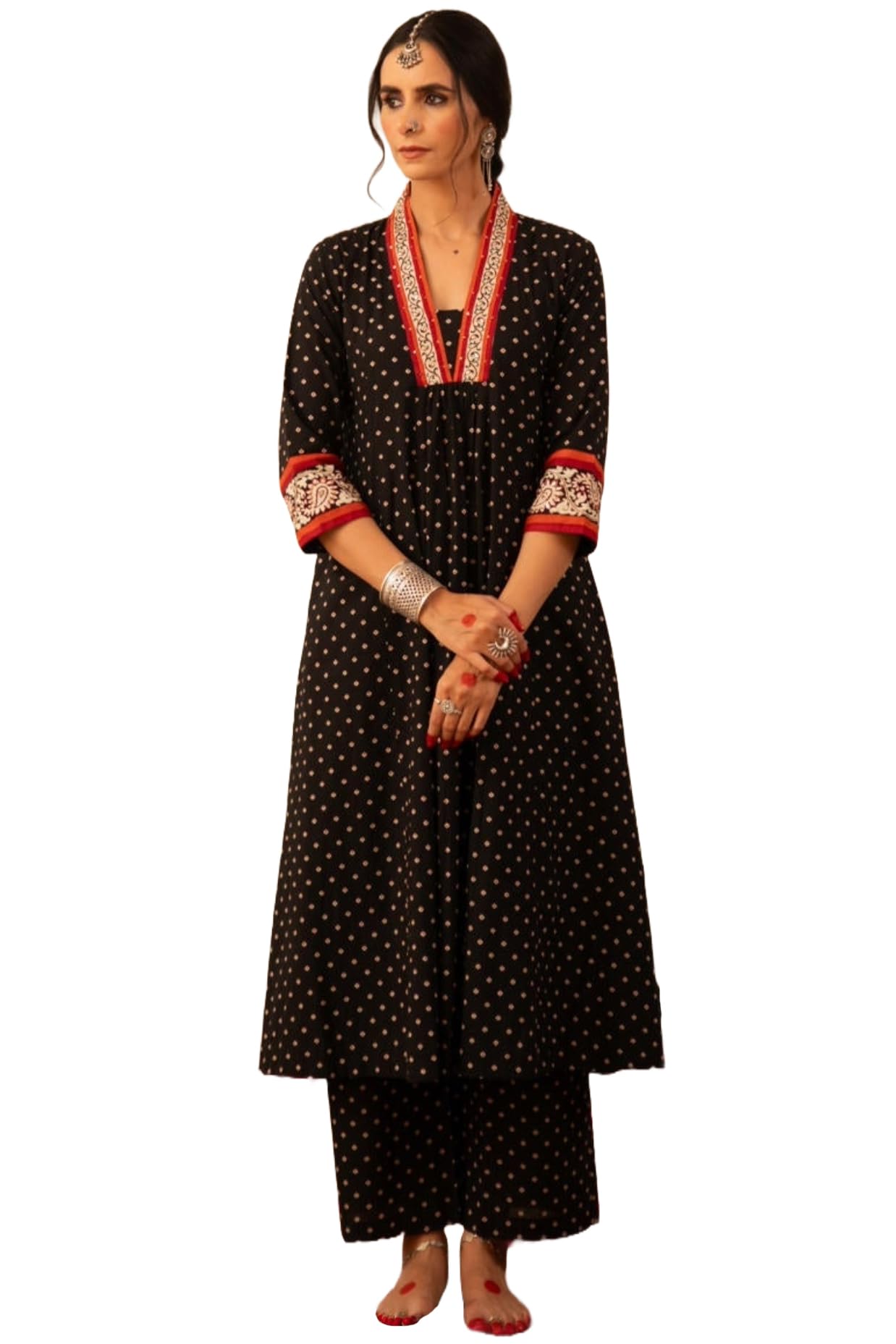 Gosriki Women'S Rayon Blend Anarkali Printed Kurta With Pant (Karidos Black-Gs_M_Black_Medium),Black,,B0DP9Z5YZB
