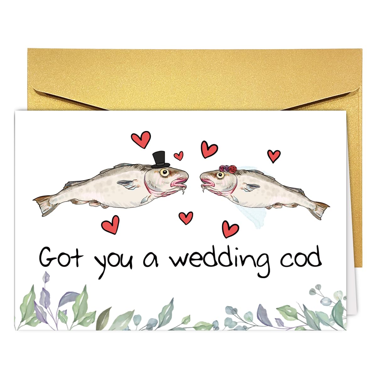 anniversary Funny Cod Pun Wedding Card for Bride Groom, Silly Fish Fun Marrige Card for Newlyweds Friends, Humorous Engagement C