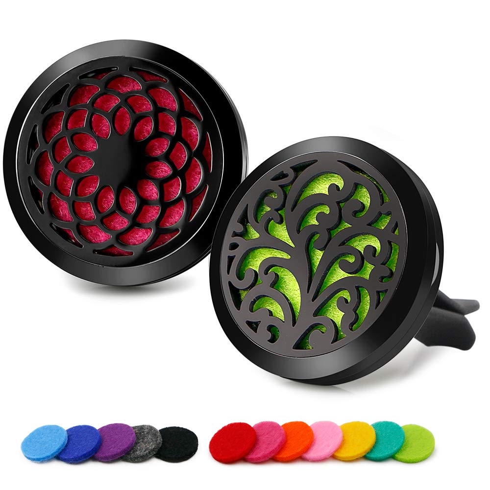 Royaroma 2Pcs 30Mm Car Aromatherapy Essential Oil Diffuser Stainless Steel Black Locket With Vent Clip 12 Felt Pads