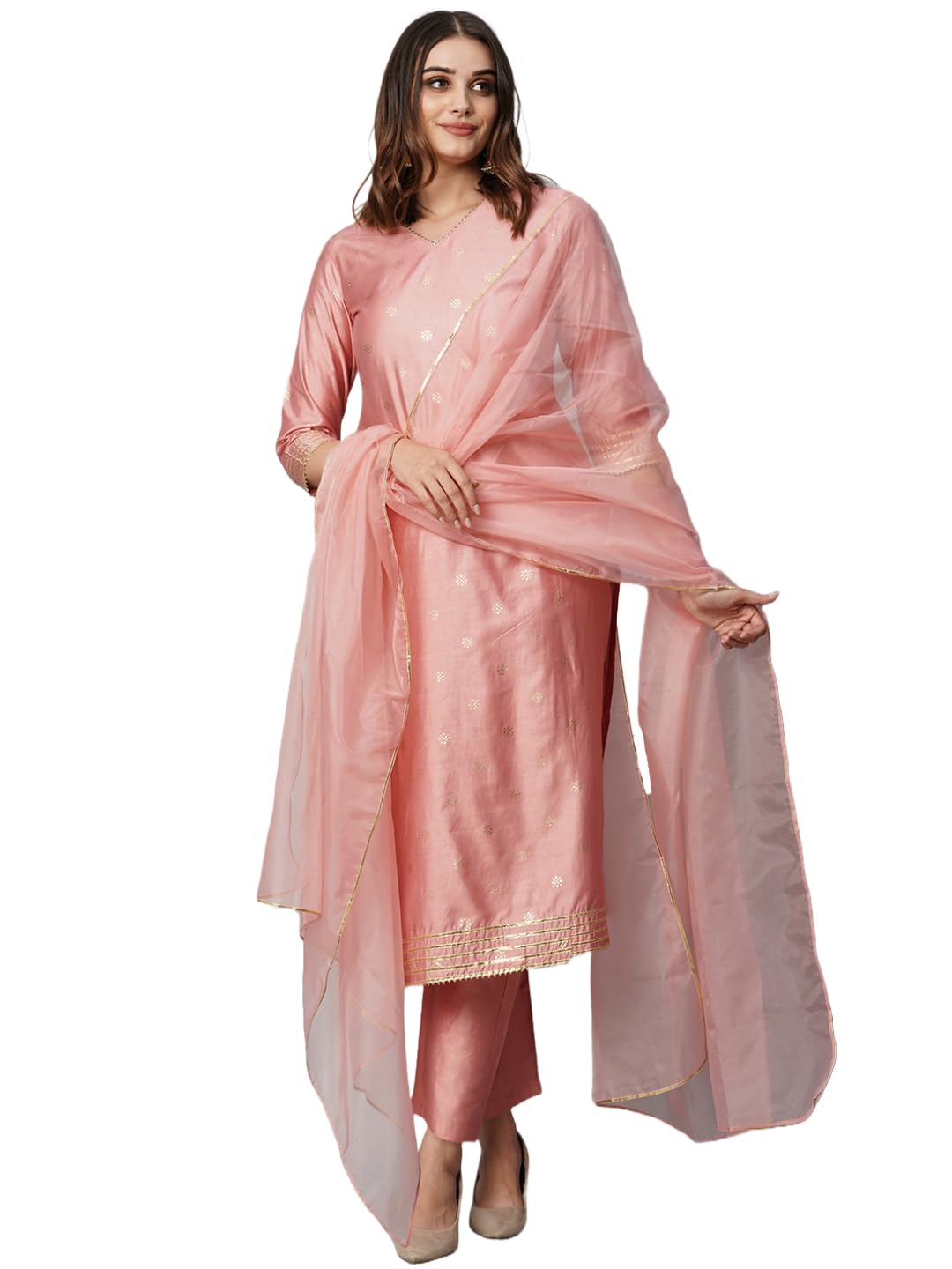 Anni Designer Women'S Cotton Blend Straight Printed Kurta With Pant & Dupatta (Yoda Peach_Xxl_Peach_Xx-Large),Peach,2XL
