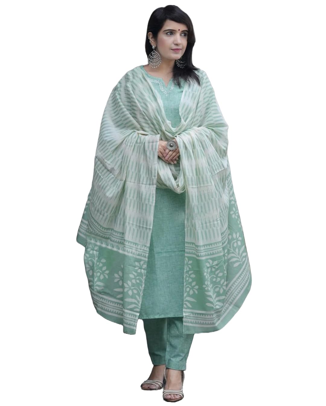 Anni Designer Women'S Cotton Blend Printed Straight Kurta With Pant & Dupatta (Pragya See Green_M_See Green_Medium),Yellow,M