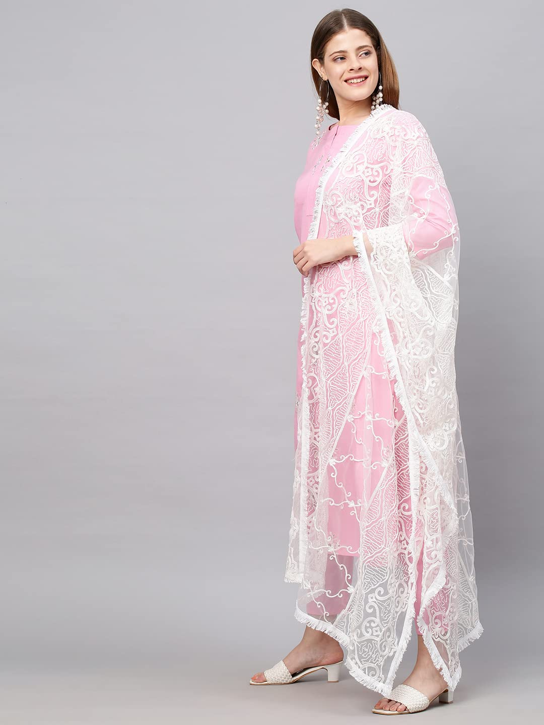 Anni Designer Women'S Ruby Cotton Straight Embroidery Kurti With Pant & Dupatta Set (White-Show-Light Pink-Nw_S_Light Pink_Small),Light Pink,S,Cotton,Regular,