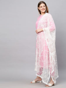 Anni Designer Women'S Ruby Cotton Straight Embroidery Kurti With Pant & Dupatta Set (White-Show-Light Pink-Nw_S_Light Pink_Small),Light Pink,S,Cotton,Regular,