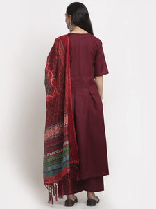Anni Designer Women'S Cotton Anarkali Kurta With Pant & Dupatta (Rani Maroon_Xl_Maroon_X-Large),Maroon,XL,Cotton Blend,Anarkali,Dupatta