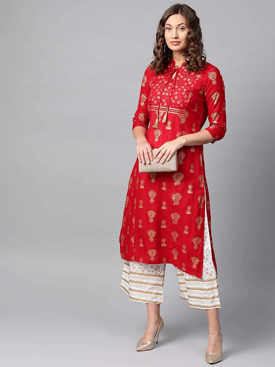 Gosriki Women'S Red & Golden Print Straight Kurta Kurta With Palazzo Set(Ankudi Red_M-Go),Red,,B08SCDJFCD
