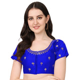 Pujia Mills Women's Phantom Silk Floral Half Sleeve Saree Blouse (Kajalll2l Blouse_royal_36 Size+Margin)