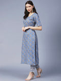 Gosriki Women'S Cotton Blend Printed Straight Kurta With Pant (Prnk-Blue-Gs_Xxl_Blue_Xx-Large),Blue,2,B0BR17KYNG
