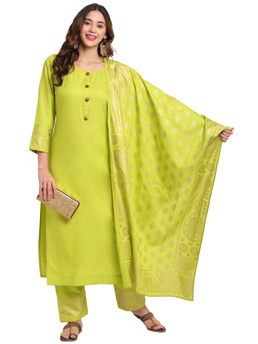 Anni Designer Women'S Cotton Straight Kurta With Palazzo & Dupatta (Kpzd-Cot-10036-Light Green_S_Light Green_Small),Light Green,S
