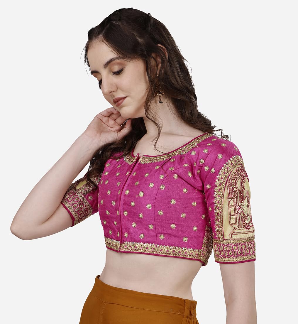Vihu Fashion Women'S Heavy Embroidery Coding With Sequins And Diamond Work Half Sleeves Fancy Cutwork Readymade Saree Blouse.(Palace Pink_38)