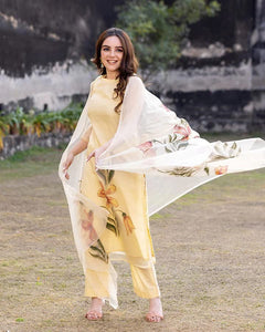 Anni Designer Women'S Chanderi Cotton Straight Printed Kurta With Pant & Dupatta (Falak Cream_3Xl_Cream_Xxx-Large),Cream,3XL,Cotton,Regular,Dupatta