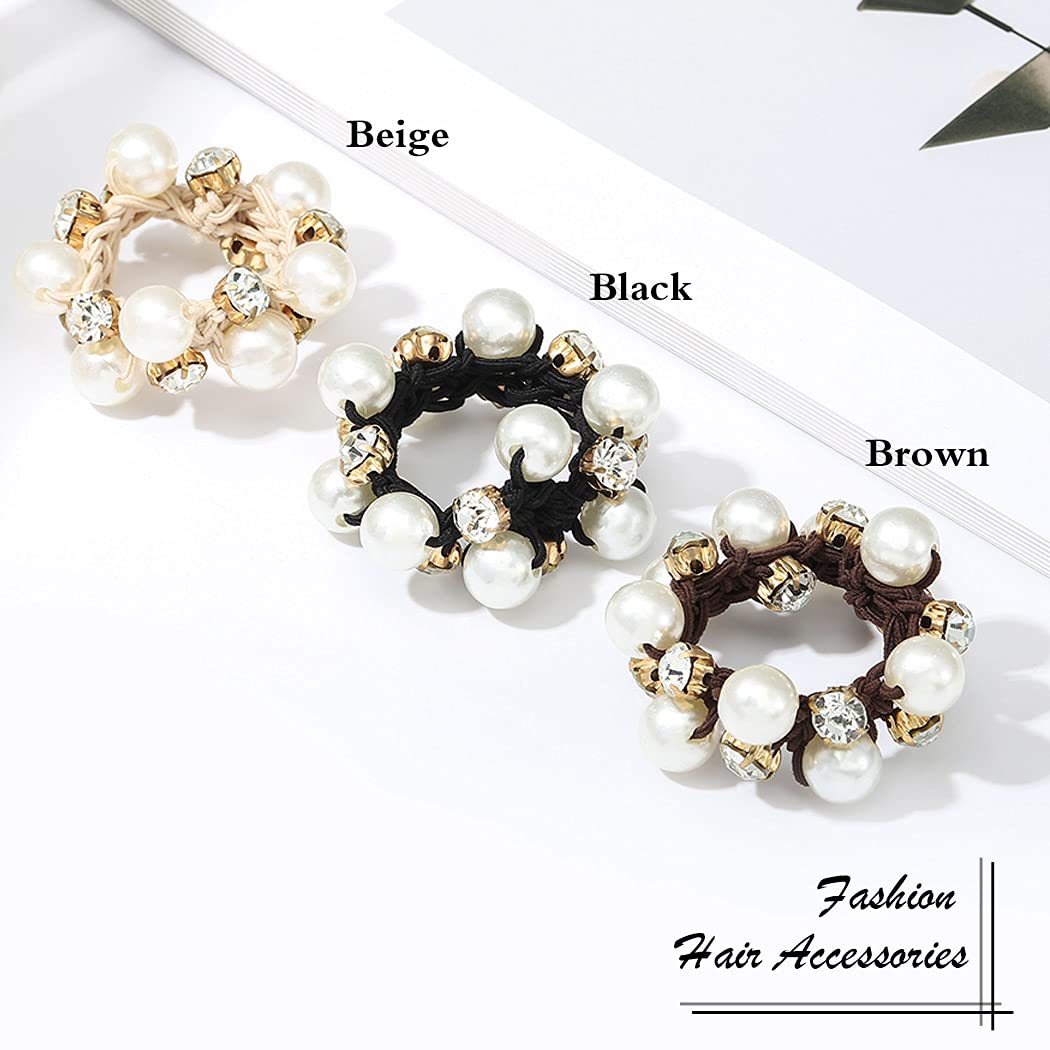 Brinie Hair Ties Black Elastic Hair Scrunchies Pearl Hair Bands Crystal Hair Ropes Hair Accessories for Women and Girls (Pack of