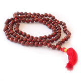 HealthAndYoga Rose Wood Mala (108 + 1 Beads with Tassel) & Velvet Bag - Hand Knotted Rosary for Mantra Chanting, Meditation - In