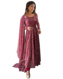 Sugathari Georgette Anarkali Womens Kurta Floral Print Dress with Trousers and Dupatta (Dress 113), Reddish Brown, 3XL