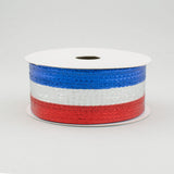 1.5 Wide Expressions Stripe Metallic Wired Ribbon Red, Silver, Royal Blue (10 Yards) Patriotic