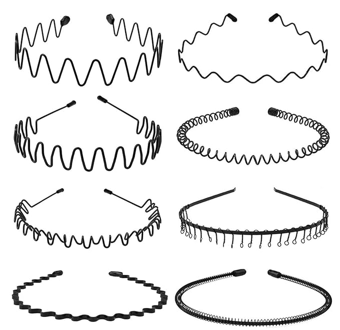 Metal Headband for Men, Unisex Black Wavy Spring Hair Band, Zig Zag Hair Band, Fashion Elastic Hair Accessories, Multipack Options Available.（8pcs）