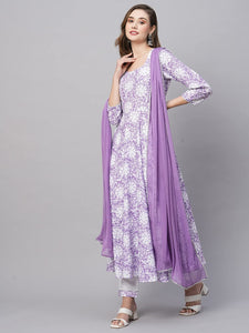 Anni Designer Women'S Cotton Blend Anarkali Printed Kurta With Pant & Dupatta (Amig-Purple_L_Purple_Large),Purple,L,Cotton Blend,Anarkali,Kurta, Scarf