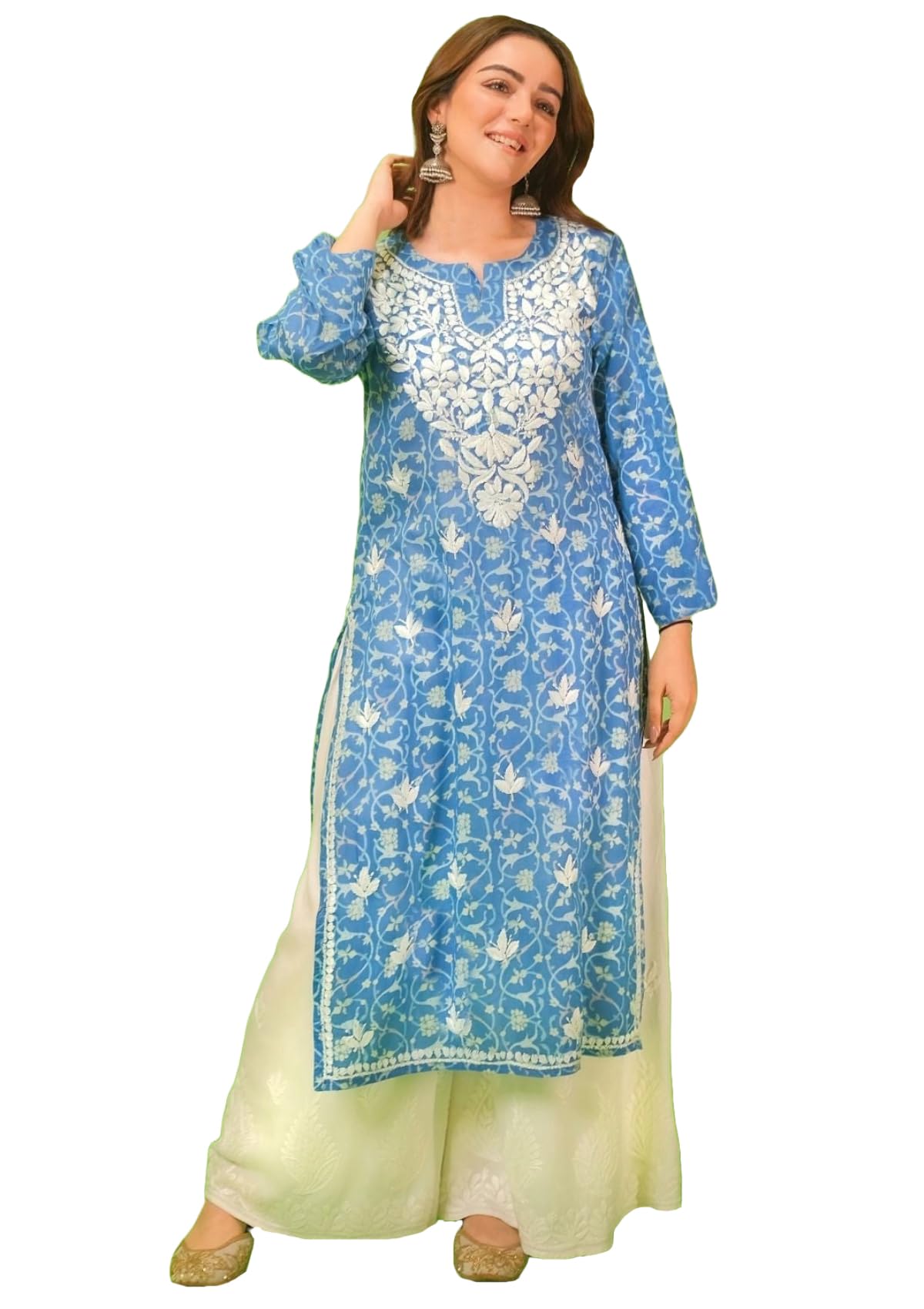 Anni Designer Women'S Rayon Blend Straight Chikankari Embroidered Kurta (Nakusha Blue_M_Blue_Medium),Blue,M
