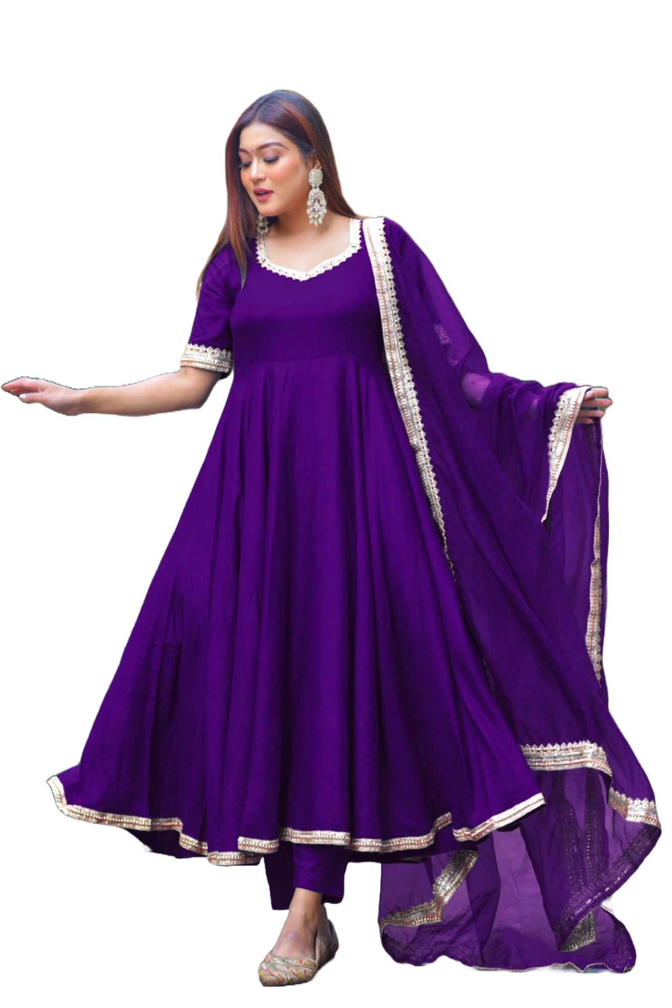 Gosriki Women'S Rayon Blend Anarkali Solid Kurta With Pant & Dupatta (Shyam Begani-Vks01-Gs_S_Begani_Small),Begani,,B0DD779H2R