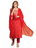 Anni Designer Women'S Cotton Blend Straight Printed Kurta With Pant & Dupatta (Lashya Red_S_Red_Small),Red,S