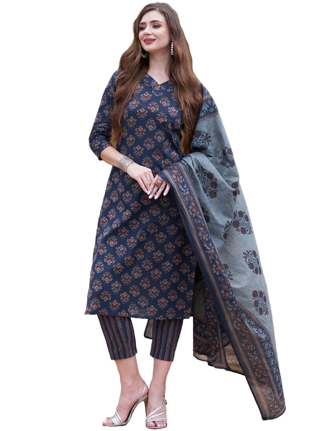 Gosriki Women'S Cotton Blend Printed Straight Kurta With Pant & Dupatta (Bagwara Blue-Gs_Xl_Blue_X-Large),Blue,,B0CFFCGTK8
