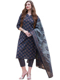 Gosriki Women'S Cotton Blend Printed Straight Kurta With Pant & Dupatta (Bagwara Blue-Gs_Xl_Blue_X-Large),Blue,,B0CFFCGTK8