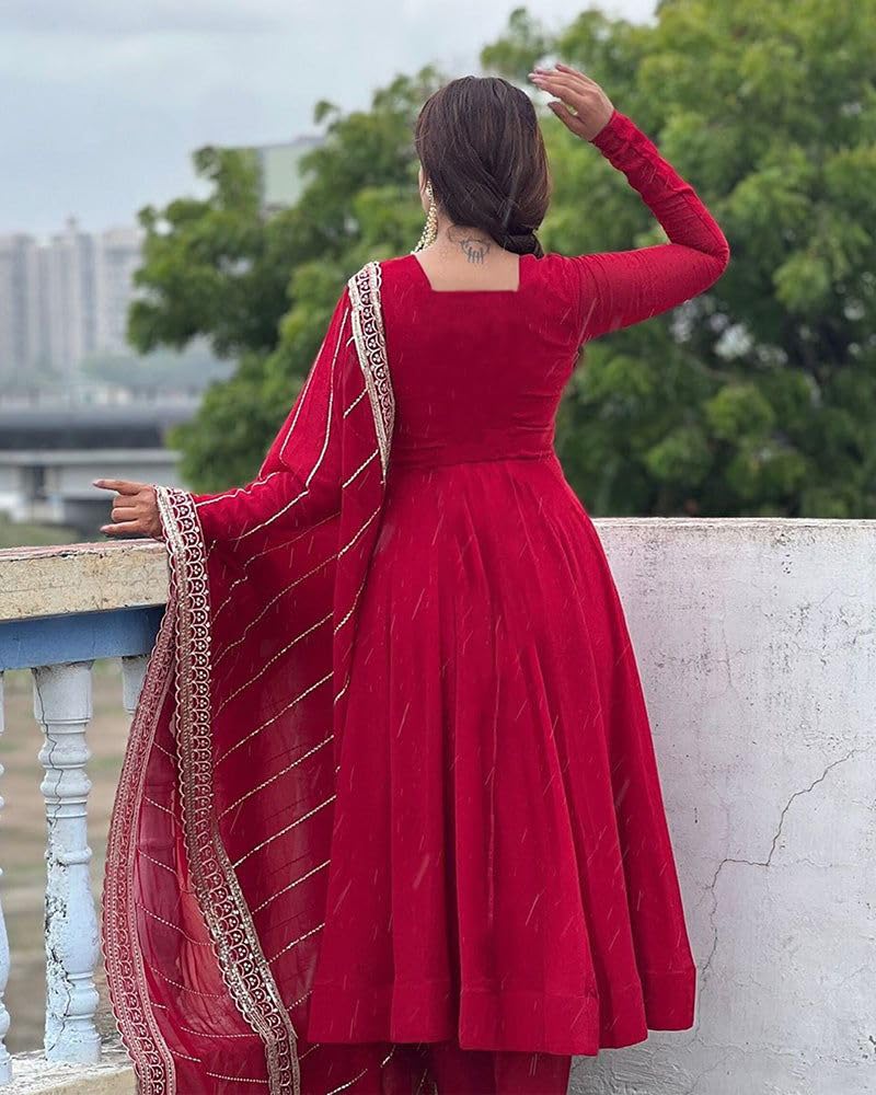 Anni Designer Women'S Rayon Blend Solid Anarkali Kurta With Pant & Dupatta (Pancham Red-Vks01_L_Red_Large),Red,L,Rayon Blend,Anarkali,