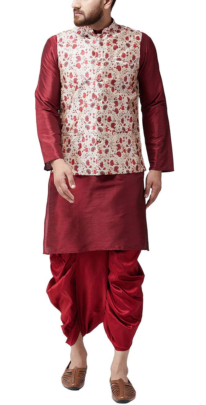Sojanya (Since 1958, Mens Silk Blend Maroon Kurta Dhoti & Red Nehru Jacket Combo, Size: Xxl