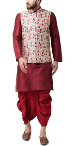 Sojanya (Since 1958, Mens Silk Blend Maroon Kurta Dhoti & Red Nehru Jacket Combo, Size: Xxl