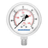 MEASUREMAN Fully Stainless Steel Hydraulic Glycerin Filled Pressure Gauge, 2-1/2 Dial Size, 1/4 NPT Lower Mount, 0-60psi/kpa