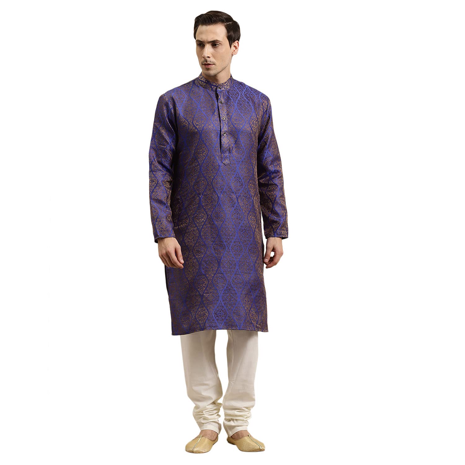Sojanya (Since 1958 Men'S Jacquard Silk Blue & Gold Kurta, Size: 42