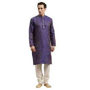 Sojanya (Since 1958 Men'S Jacquard Silk Blue & Gold Kurta, Size: 42