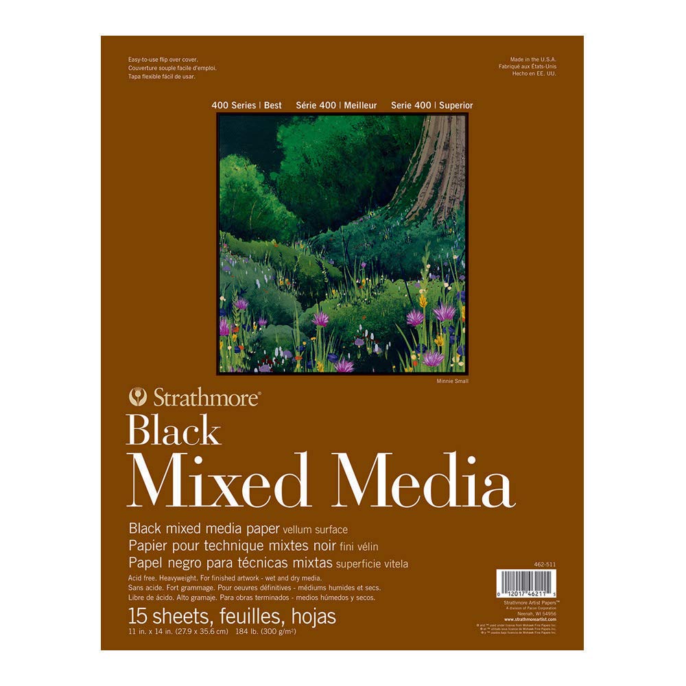 Strathmore 400 Series Mixed Media Paper, Black, Glue Bound Pad, 11X14 Inches, 15 Sheets (184Lb/300G) - Artist Paper For Adults A