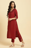 W Women'S Maroon Solid Blend Kurta Dupatta Bottomwear With Zari Greadine L