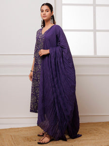 Gosriki Women'S Rayon Blend Anarkali Printed Kurta With Pant & Dupatta (Dabu Violet-Fcs-Gs_3Xl_Dark Green_Xxx-Large),Violet,3,B0CW1VNM9M