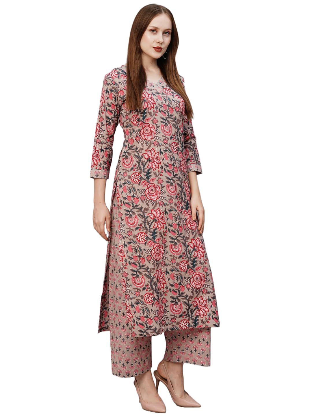 Anni Designer Women'S Cotton Blend Printed Straight Kurta With Pant (Rohila Peach_L_Peach_Large),Peach,L