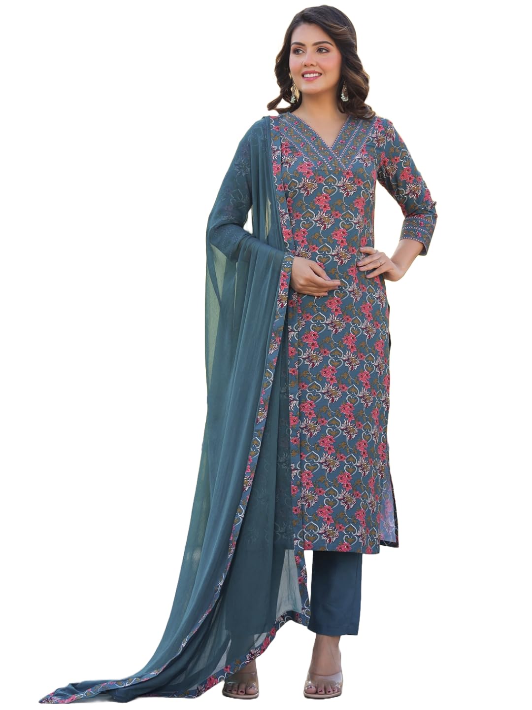 Anni Designer Women'S Rayon Blend Straight Printed Kurta With Pant & Dupatta (Shaniya Grey_S_Grey_Small),Grey,S