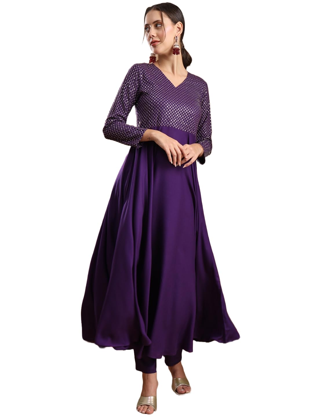 Anni Designer Women'S Viscose Rayon Mukaish Work Anarkali Kurta With Pant & Dupatta (Park Violet_Xl_Violet_X-Large),Violet,XL