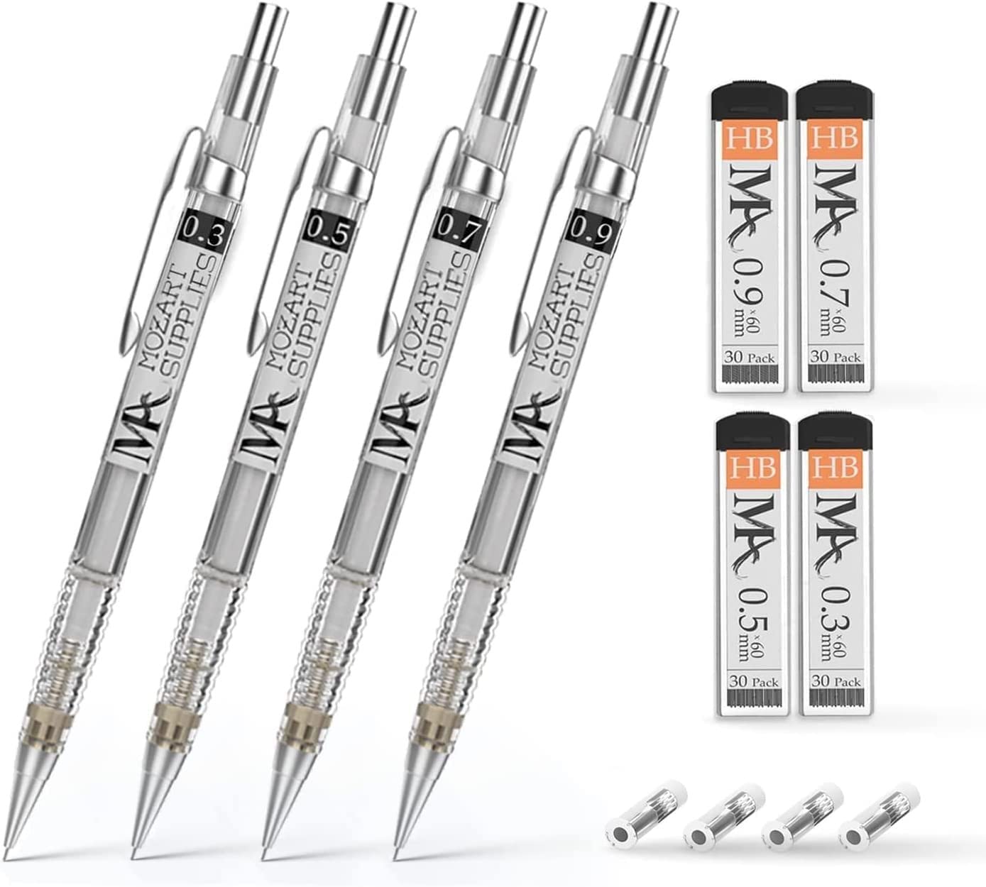 MozArt Mechanical Pencil Set with Case - 4 Sizes: 0.3, 0.5, 0.7 & 0.9mm with 30 HB Lead Refills Each & 4 Eraser Refills -Sketch,