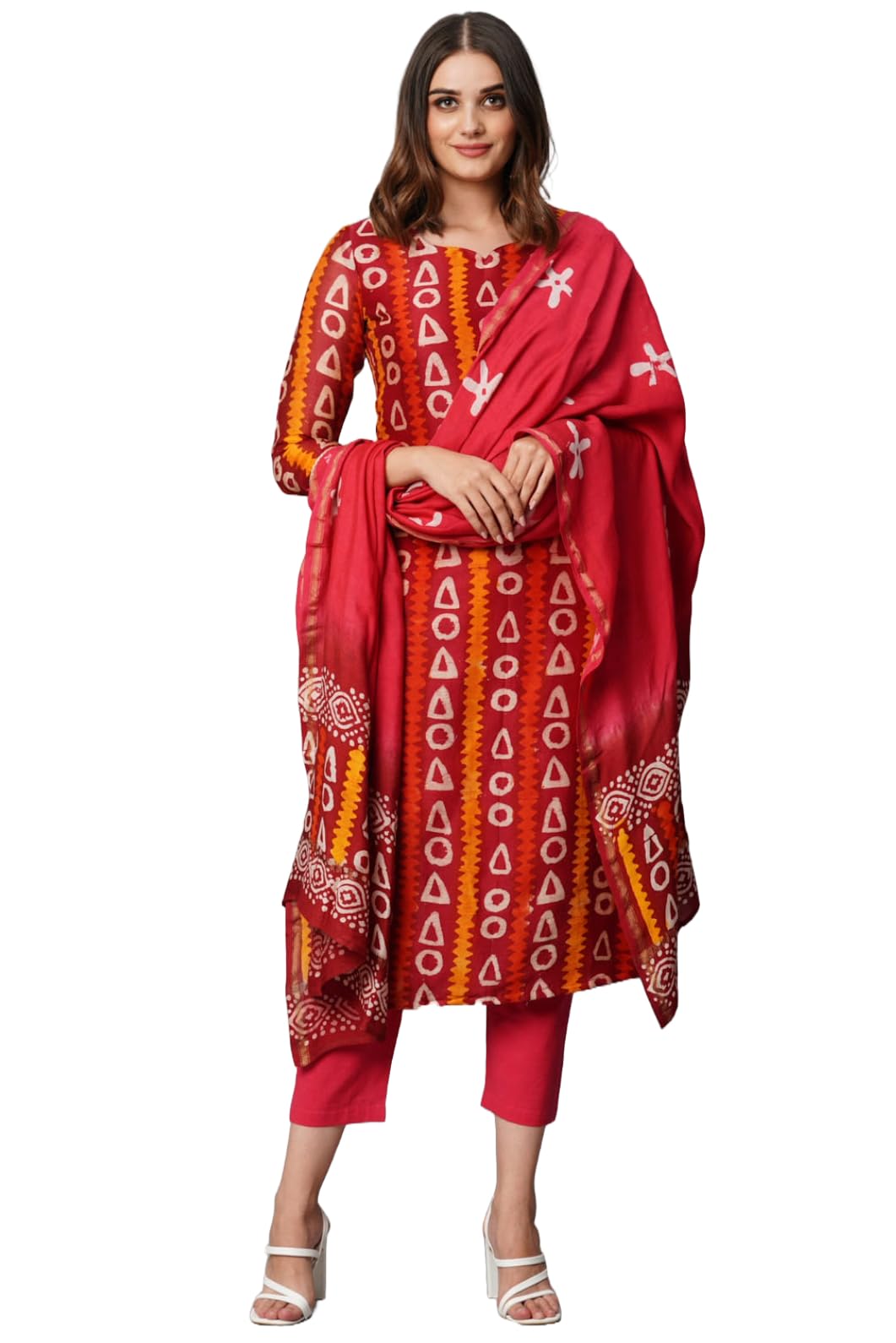 Anni Designer Women'S Cotton Blend Straight Printed Kurta With Pant & Dupatta (Juraho Maroon_M_Maroon_Medium),Maroon,M