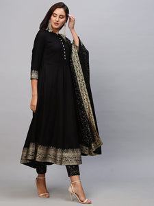 Gosriki Women'S Cotton Blend Solid Anarkali Kurta With Pant & Dupatta (Panchali-Black-Nw-Gs_M_Black_Medium),Black,,B0BSVC9KL1